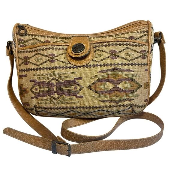 Vintage 90s Tan Aztec Southwestern Tribal Tapestry Purse Crossbody Bag - Picture 1 of 16